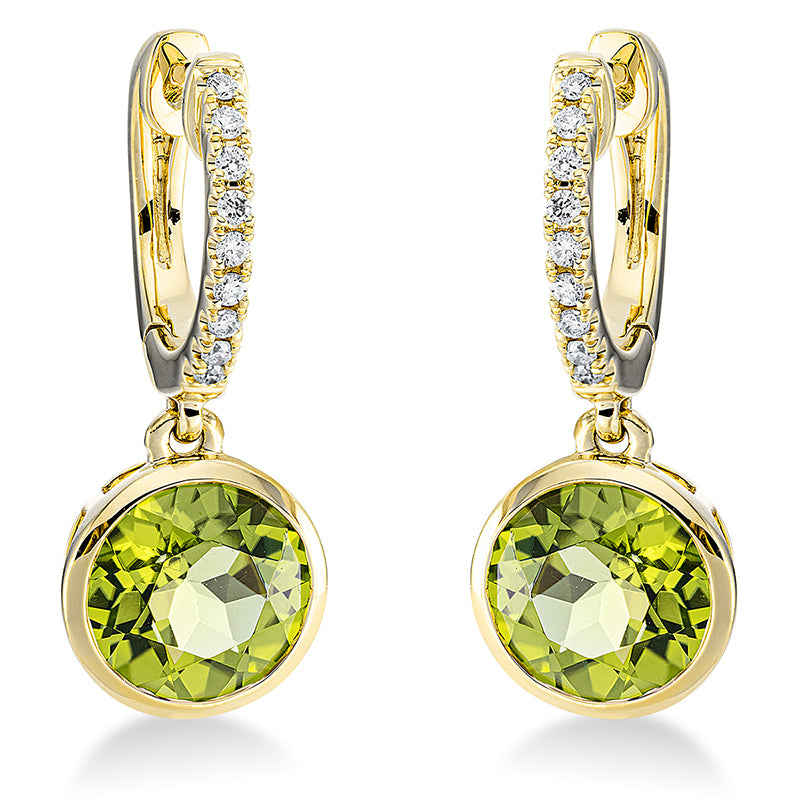 Ohrschmuck 18 kt GG, 18 Brill. 0,12 ct, TW-si, 2 Peridot 4,20 ct grün