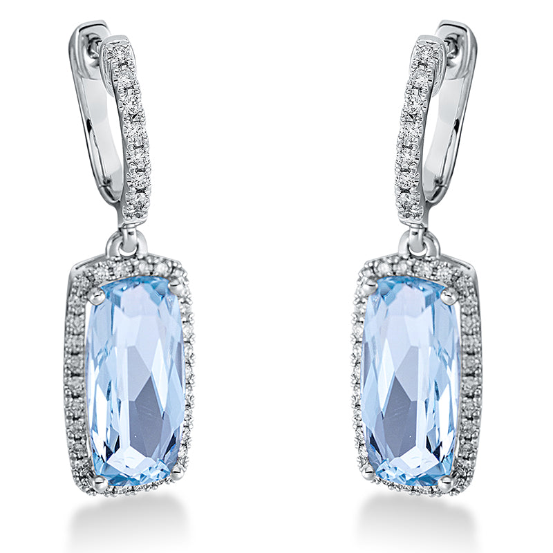 Ohrschmuck 18 kt WG, 76 Brill. 0,36 ct, TW-si, 2 Topase 6,80 ct sky blue