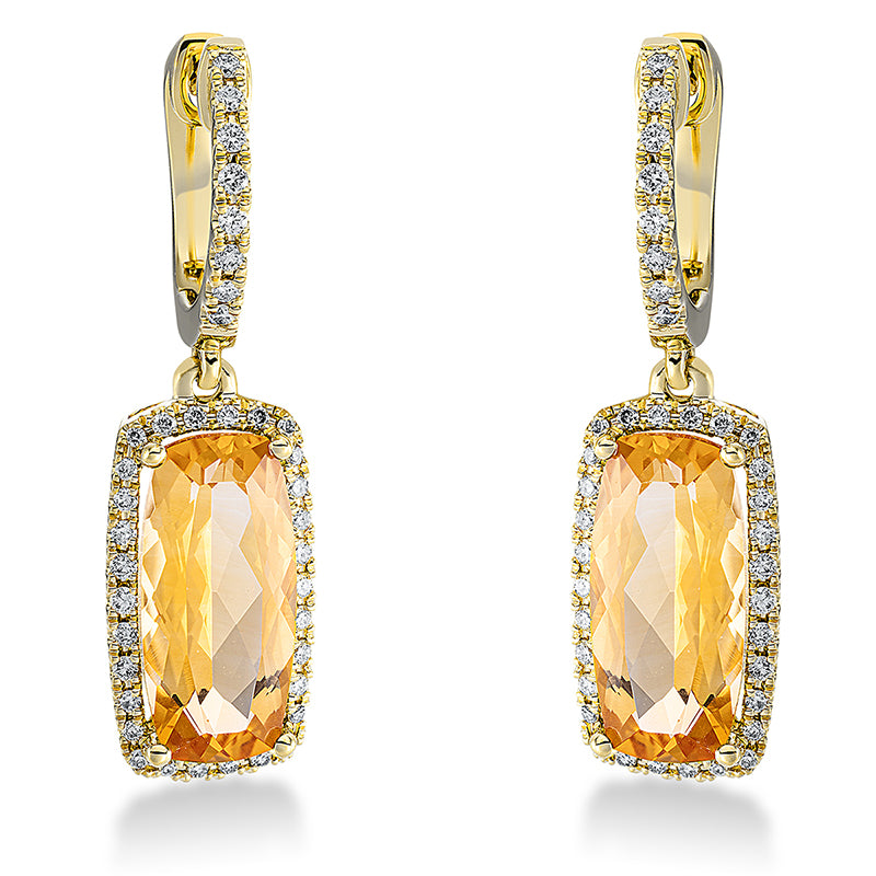 Ohrschmuck 18 kt GG, 76 Brill. 0,36 ct, TW-si, 2 Citrin 4,50 ct gelb
