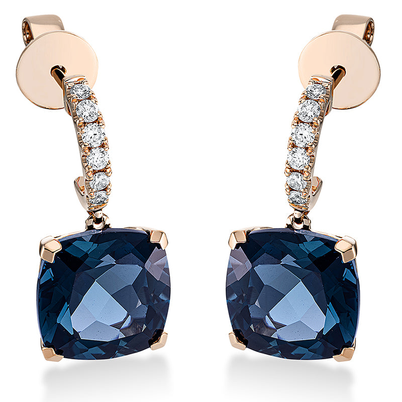 Ohrschmuck 18 kt RG, 12 Brill. 0,23 ct, TW-si, 2 Topase 9,90 ct Lond. blue