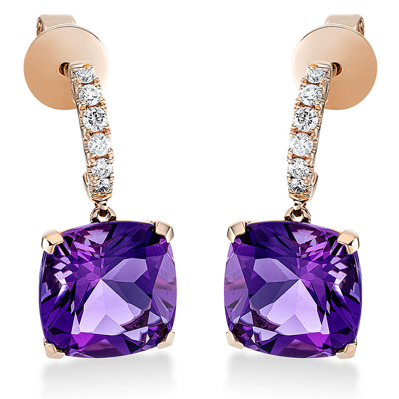 Ohrschmuck 18 kt RG, 12 Brill. 0,23 ct, TW-si, 2 Amethyste 7,30 ct lila