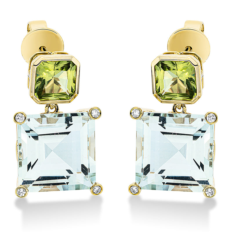 Ohrschmuck 18 kt GG, 8 Brill. 0,08 ct, TW-si, 2 Amethyste 12,70 ct grün, 2 Peridot 2,40 ct grün