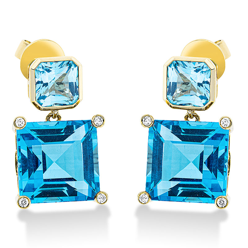 Ohrschmuck 18 kt GG, 8 Brill. 0,08 ct, TW-si, 2 Topase 16,90 ct blau, 2 Topase 2,70 ct blau
