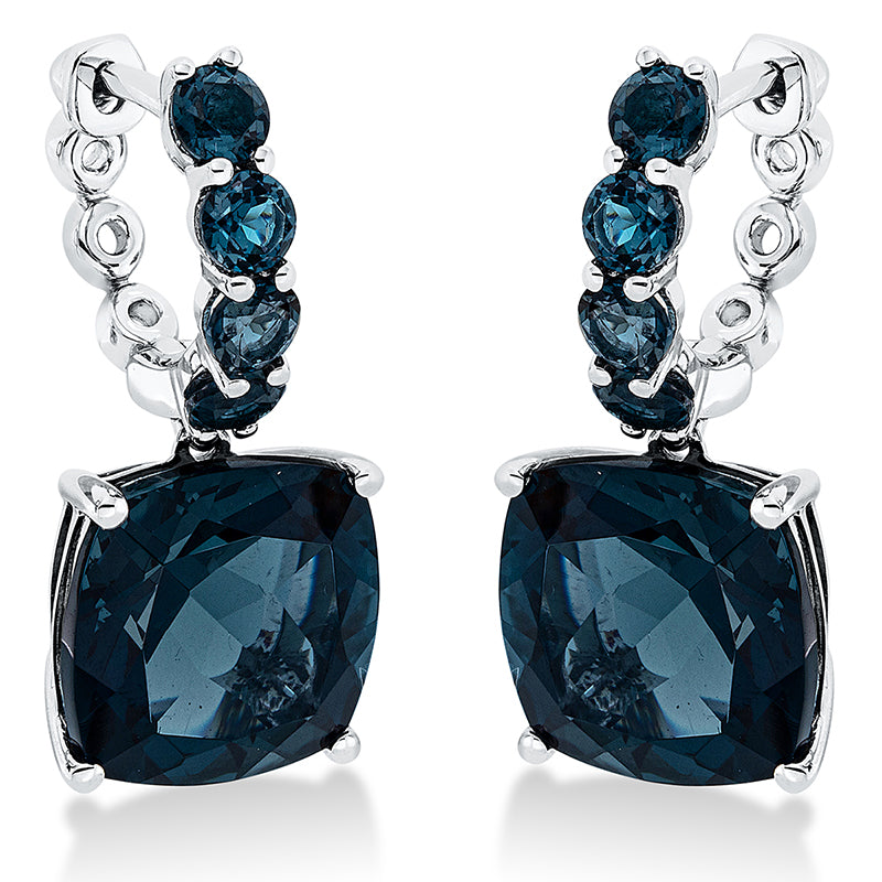 Ohrschmuck 18 kt WG, 2 Topase 11,20 ct Lond. blue, 8 Topase 1,10 ct Lond. blue