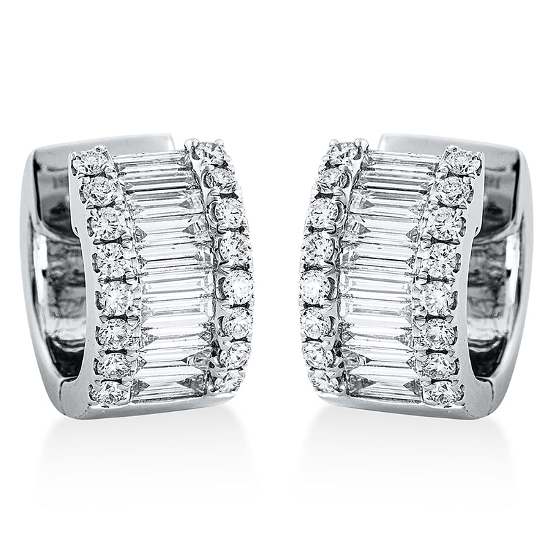 Creolen 18 kt WG, 19 Bag. 0,62 ct, TW-vsi, 32 Brill. 0,40 ct, TW-vsi/si