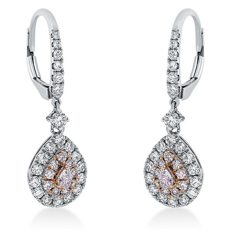 Ohrschmuck 18 kt WG+RG, 42 Brill. 0,67 ct, TW-si, 2 Tropfen 0,15 ct, pink, 18 Brill. 0,30 ct, pink
