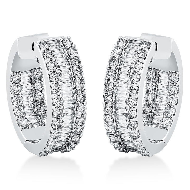 Creolen 18 kt WG, 61 Bag. 1,58 ct, TW-si, 68 Brill. 2,36 ct, TW-si