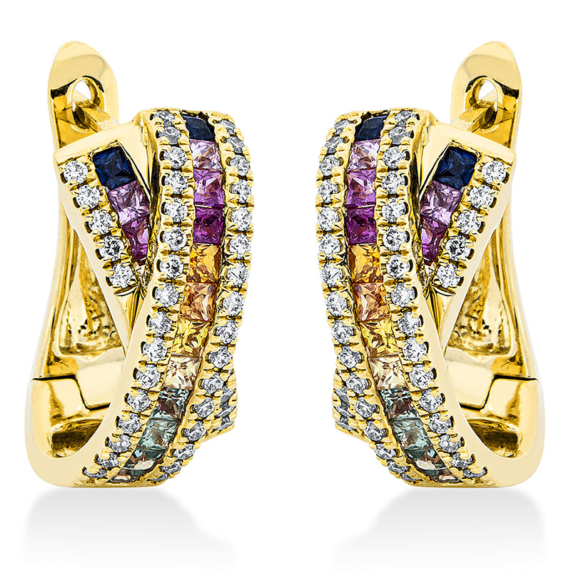 Creolen 18 kt GG, 84 Brill. 0,33 ct, TW-si, 36 Saphire 0,98 ct fancy
