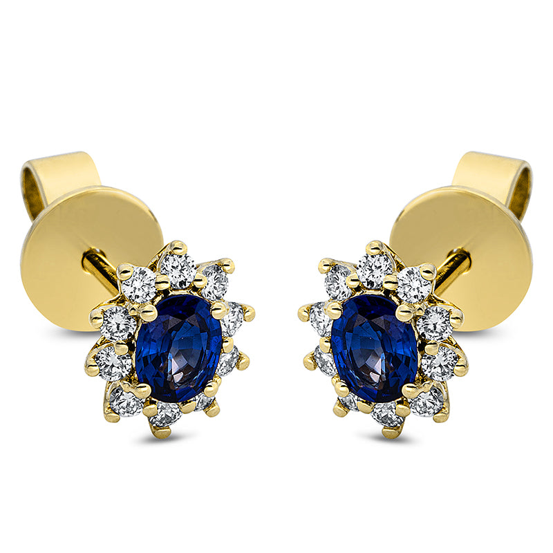 Ohrstecker 18 kt GG, 20 Brill. 0,18 ct, TW-si, 2 Saphire 0,43 ct blau