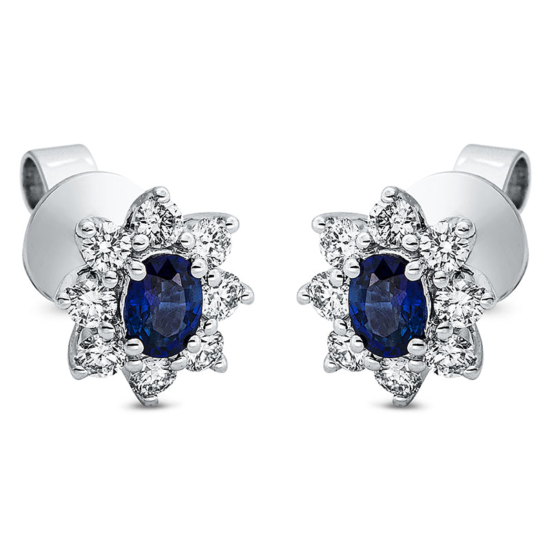 Ohrstecker 18 kt WG, 16 Brill. 0,34 ct, TW-si, 2 Saphire 0,44 ct blau