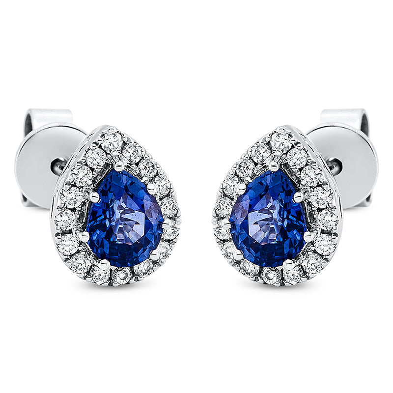 Ohrstecker 14 kt WG, 32 Brill. 0,16 ct, TW-si, 1 Saphir 0,77 ct blau