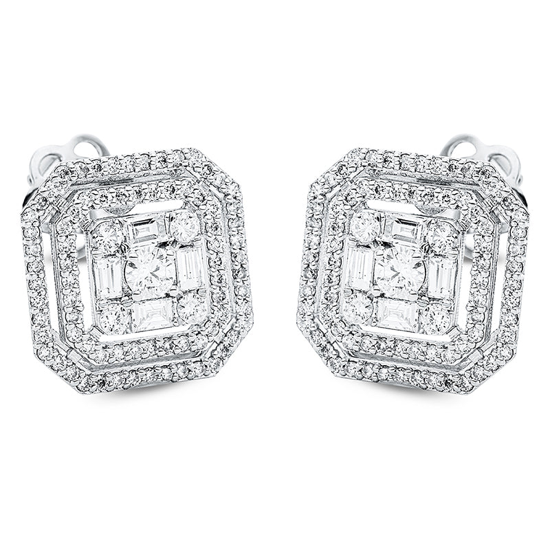 Ohrstecker 18 kt WG, 2 Brill. 0,17 ct, F-si, 8 Bag. 0,29 ct, F-si, 160 Brill. 0,65 ct, F-si