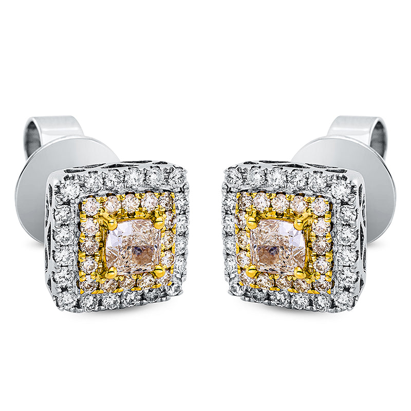 Ohrstecker 14 kt WG+GG, 40 Brill. 0,35 ct, TW-si, 2 Cushion 0,67 ct, gelb, 32 Brill. 0,24 ct, gelb