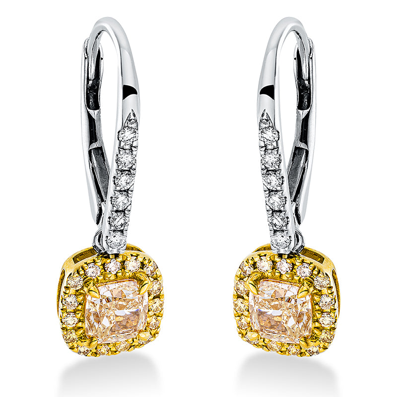 Ohrschmuck 18 kt WG+GG, 12 Brill. 0,10 ct, TW-si, 2 Cushion 1,09 ct, gelb, 30 Brill. 0,15 ct, gelb