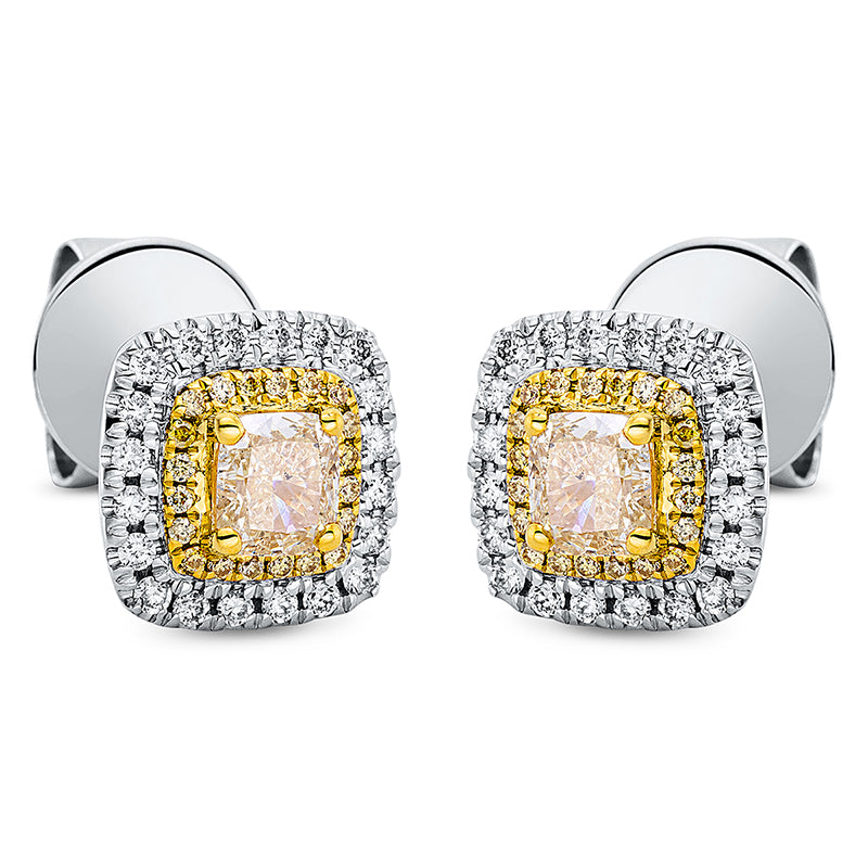 Ohrstecker 18 kt WG+GG, 40 Brill. 0,30 ct, TW-si, 2 Cushion 0,84 ct, gelb, 40 Brill. 0,11 ct, gelb