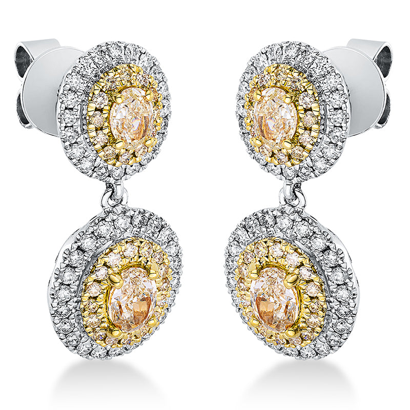 Ohrschmuck 18 kt WG+GG, 84 Brill. 0,57 ct, TW-si, 4 Oval 1,16 ct, gelb, 56 Brill. 0,29 ct, gelb