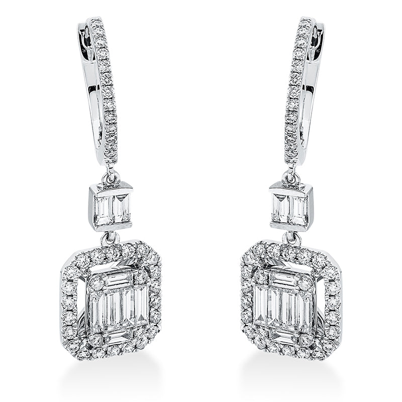 Ohrschmuck 18 kt WG, 2 Brill. 0,05 ct, TW-si, 16 Bag. 0,61 ct, TW-si, 78 Brill. 0,46 ct, TW-si