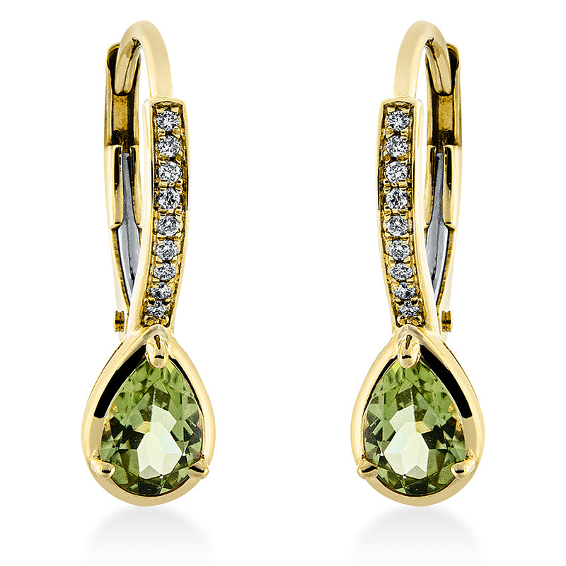 Ohrschmuck 18 kt GG, 18 Brill. 0,06 ct, TW-si, 2 Peridot 0,76 ct grün