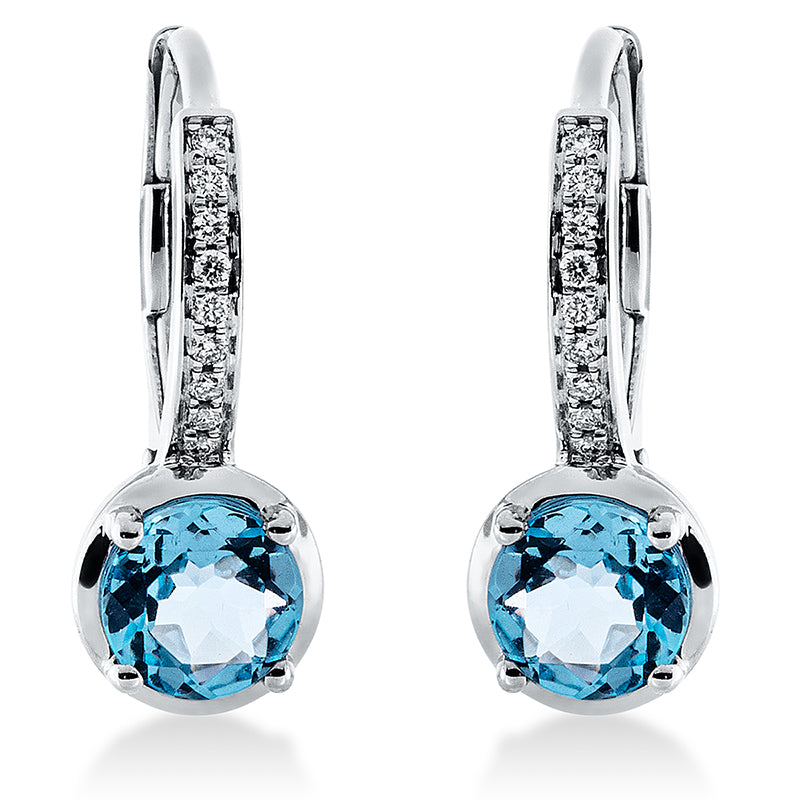 Ohrschmuck 18 kt WG, 18 Brill. 0,06 ct, TW-si, 2 Topase 1,10 ct blau
