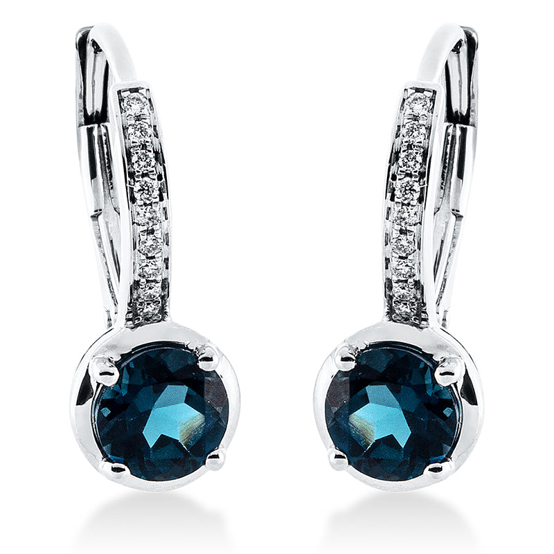 Ohrschmuck 18 kt WG, 18 Brill. 0,06 ct, TW-si, 2 Topase 1,25 ct Lond. blue