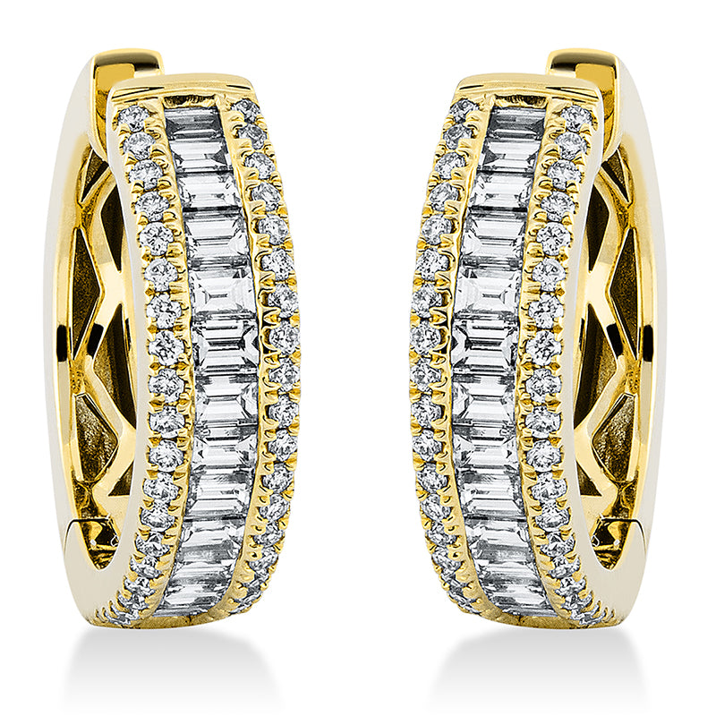 Creolen 18 kt GG, 28 Bag. 0,77 ct, TW-si, 80 Brill. 0,26 ct, TW-si