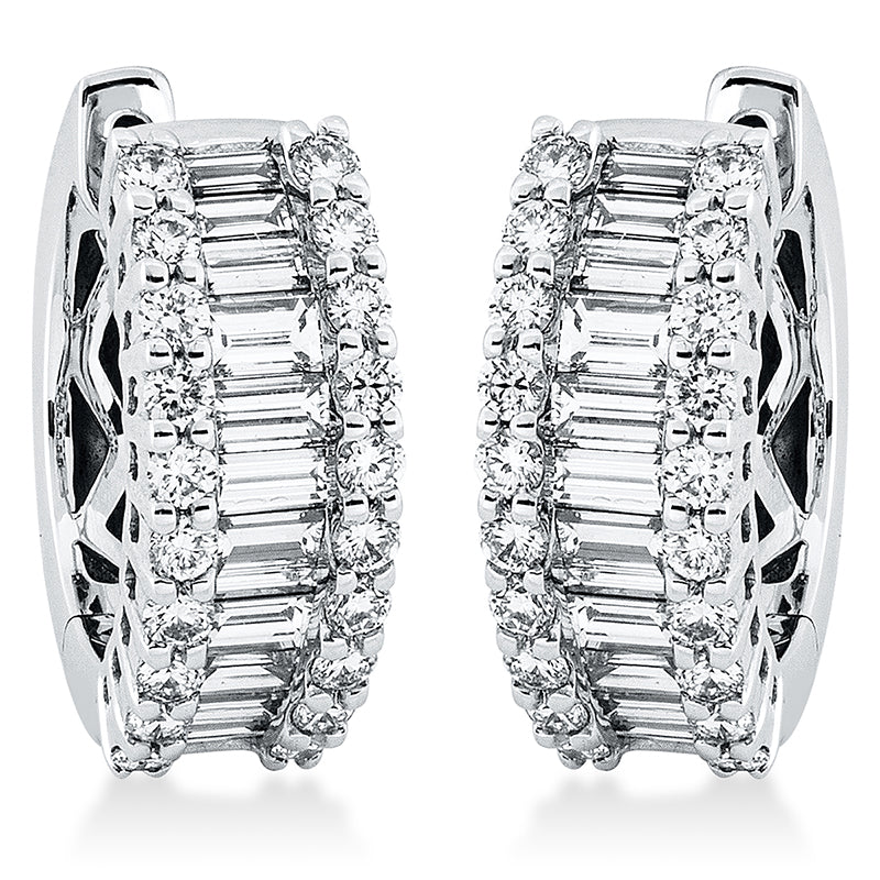 Creolen 18 kt WG, 6 Bag. 0,11 ct, TW-si, 16 Bag. 0,68 ct, TW-si, 40 Brill. 0,52 ct, TW-si