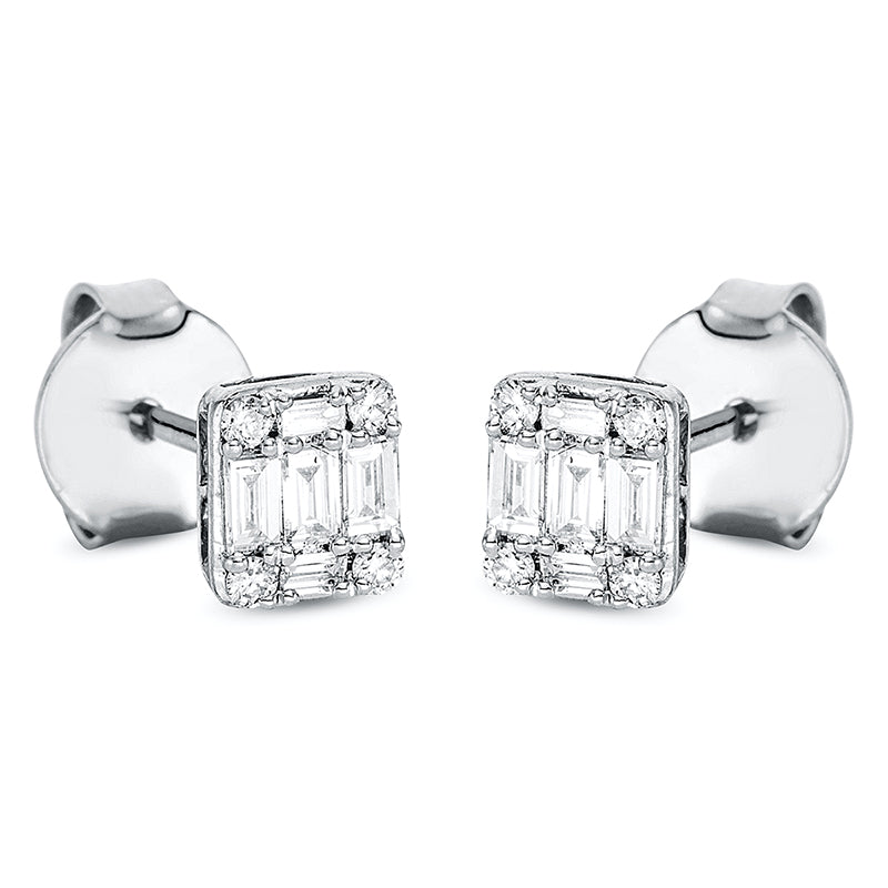 Ohrstecker 18 kt WG, 4 Bag. 0,03 ct, TW-si, 6 Bag. 0,10 ct, TW-si, 8 Brill. 0,03 ct, TW-si