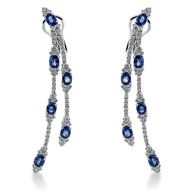 Ohrschmuck 18 kt WG, 118 Brill. 1,89 ct, TW-vsi/si, 12 Saphire 4,79 ct blau