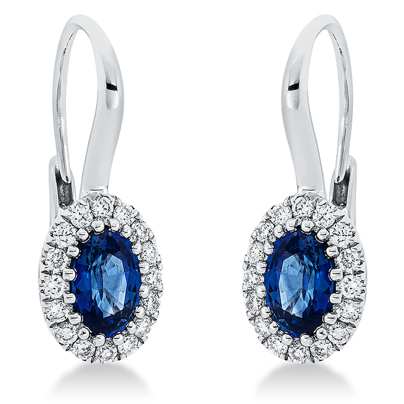 Ohrschmuck 18 kt WG, 32 Brill. 0,27 ct, TW-si, 2 Saphire 1,08 ct blau