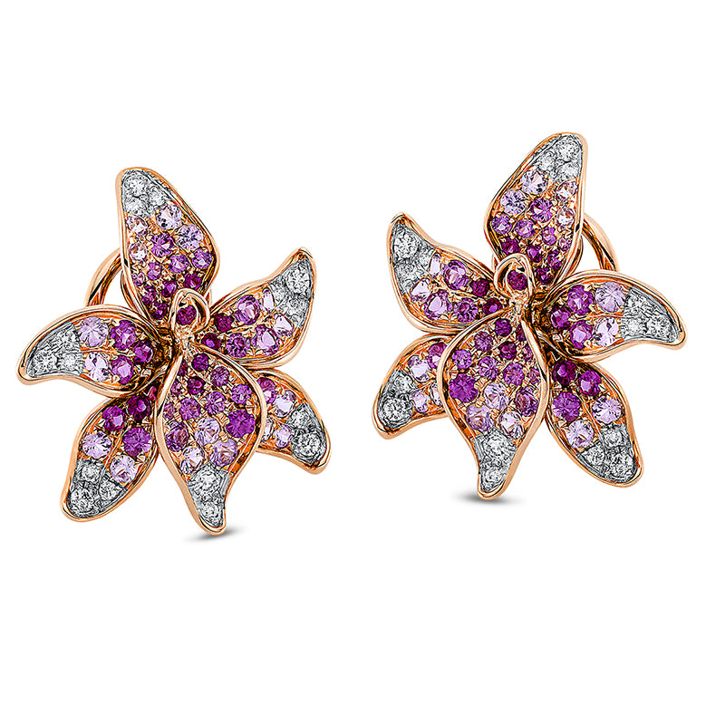 Creolen 18 kt RG, 32 Brill. 0,31 ct, TW-vsi, 74 Saphire 1,53 ct pink, 28 Rubine 0,35 ct rot