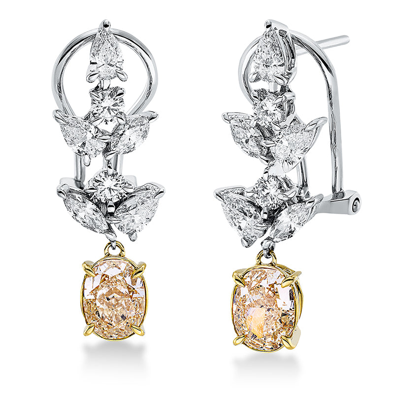 Ohrschmuck 18 kt WG+GG, GIA 2pcs, 4 Nav. 0,34 ct, TW-vvs, 6 Tropfen 0,89 ct, TW-vvs, 1 Oval 1,12 ct, gelb-vs2, 1 Oval 1,10 ct, gelb-si2, 4 Brill. 0,34 ct, TW-si