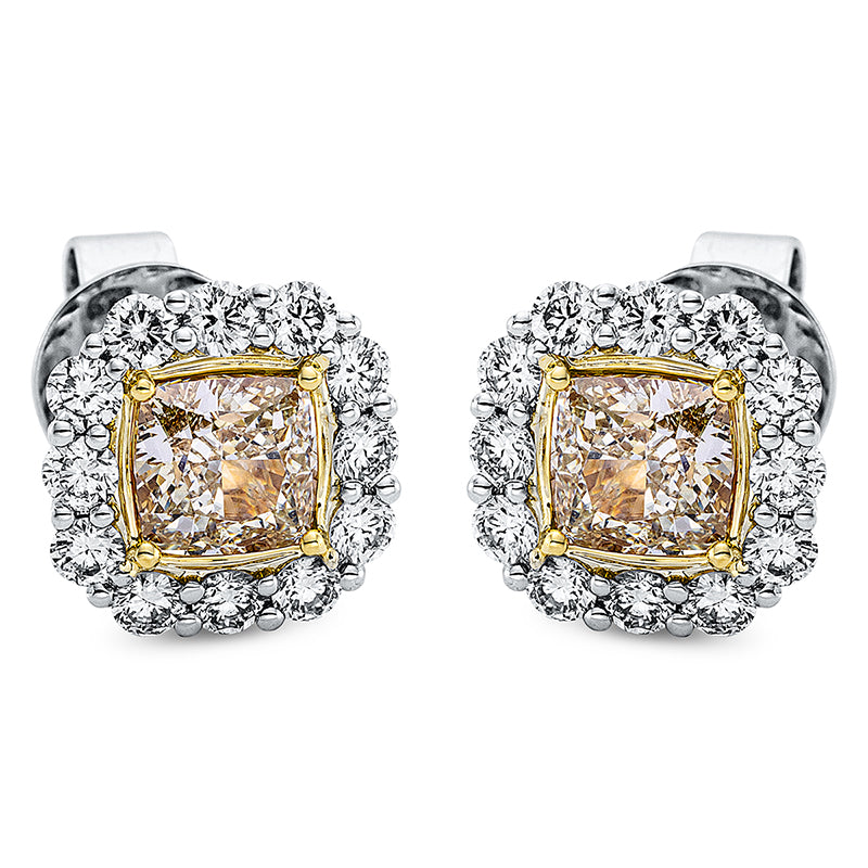 Ohrstecker 18 kt WG+GG, 1 Cushion 0,70 ct, gelb-si1, 1 Cushion 0,74 ct, gelb-si1, 24 Brill. 0,74 ct, TW-si