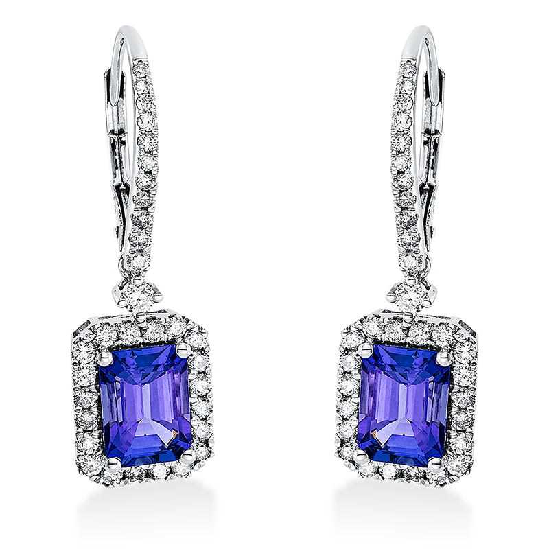 Ohrschmuck 14 kt WG, 64 Brill. 0,81 ct, TW-si, 2 Tansanit 3,32 ct blau