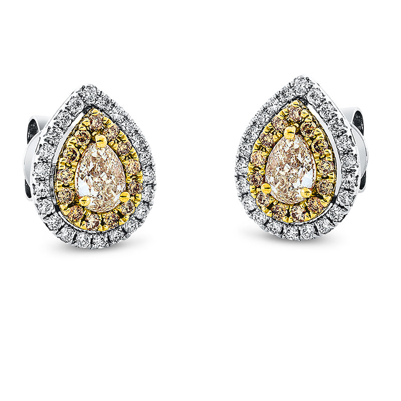 Ohrstecker 18 kt WG+GG, 44 Brill. 0,24 ct, TW-si, 2 Tropfen 0,63 ct, gelb, 26 Brill. 0,19 ct, gelb