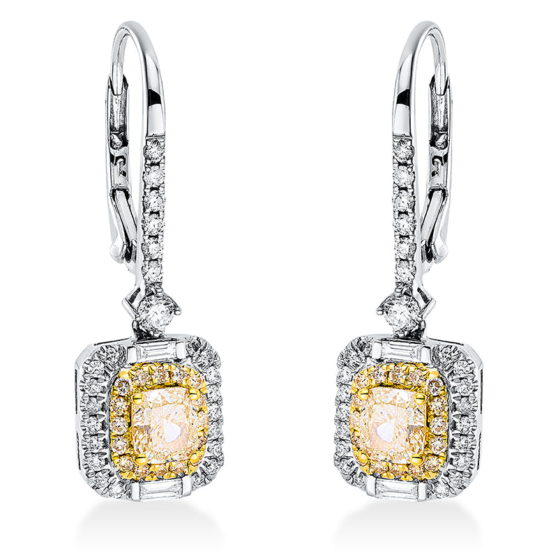 Ohrstecker 18 kt WG+GG, 4 Bag. 0,07 ct, TW-si, 32 Brill. 0,16 ct, gelb, 50 Brill. 0,38 ct, TW-si, 2 Cushion 0,89 ct, gelb