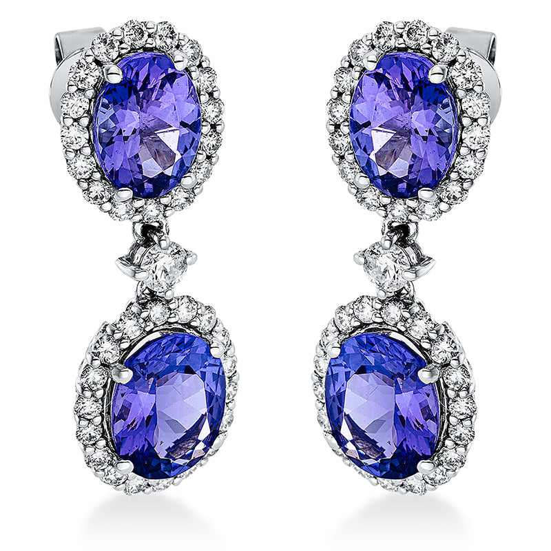 Ohrschmuck 18 kt WG, 70 Brill. 1,08 ct, TW-si, 2 Tansanit 3,90 ct blau, 2 Tansanit 2,60 ct blau