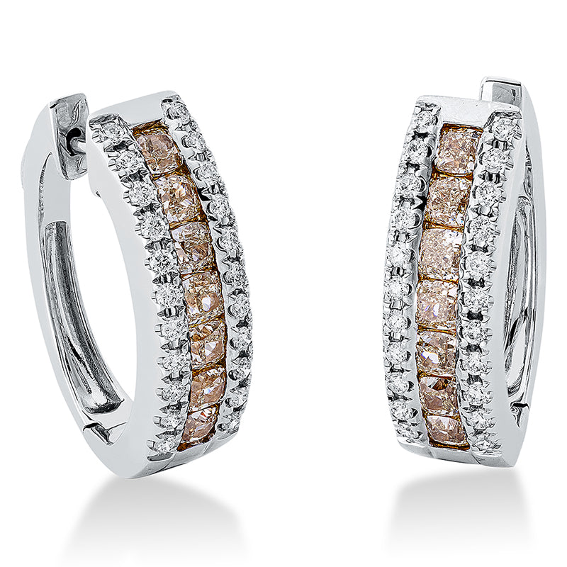 Creolen 18 kt WG+GG, 44 Brill. 0,53 ct, TW-si, 14 Cushion 2,19 ct, gelb