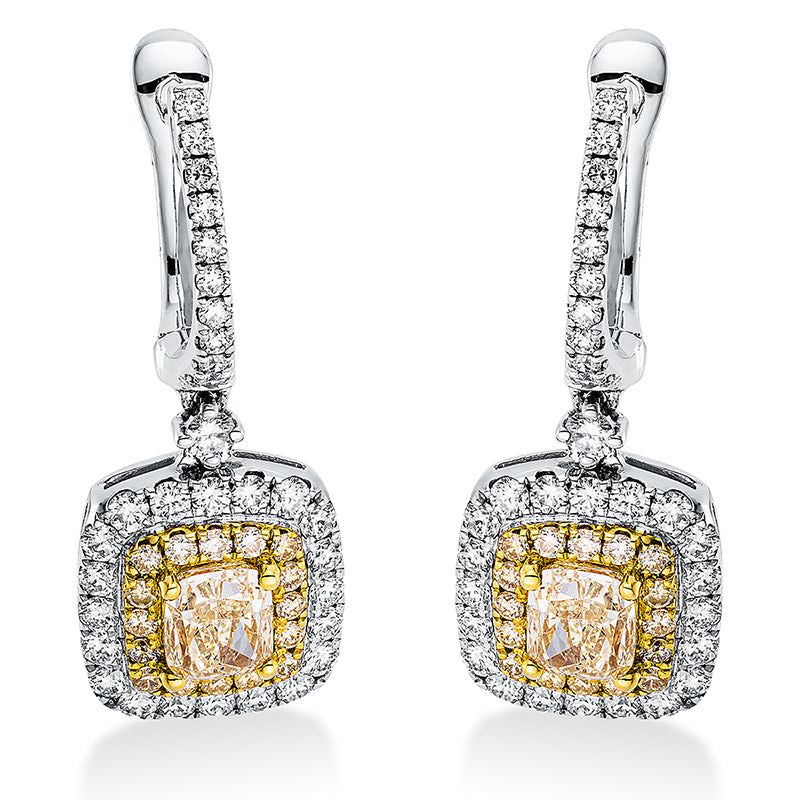 Ohrschmuck 18 kt WG+GG, 62 Brill. 0,97 ct, TW-si, 2 Cushion 1,53 ct, gelb, 32 Brill. 0,31 ct, gelb
