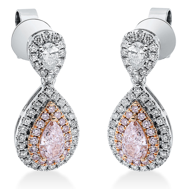 Ohrschmuck 18 kt WG+RG, 2GIA, 2 Tropfen 0,64 ct, pink, 70 Brill. 0,40 ct, TW-si, 32 Brill. 0,18 ct, pink