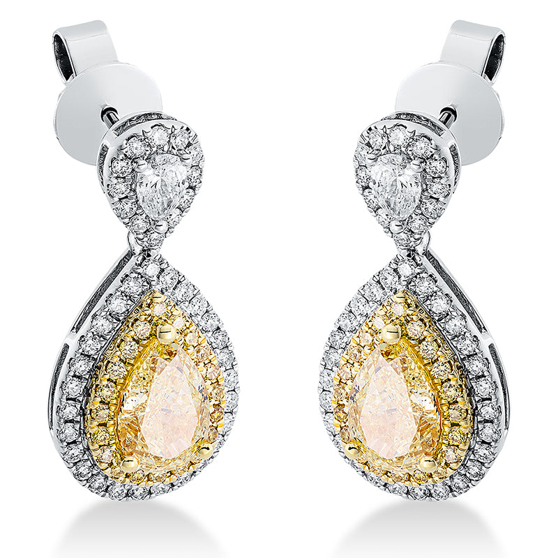 Ohrschmuck 18 kt WG+GG, 2GIA, 2 Tro 2,07 ct, gelb-si2, 78 Br. 0,45 ct, TW-si, 40 Br. 0,18 ct, gelb