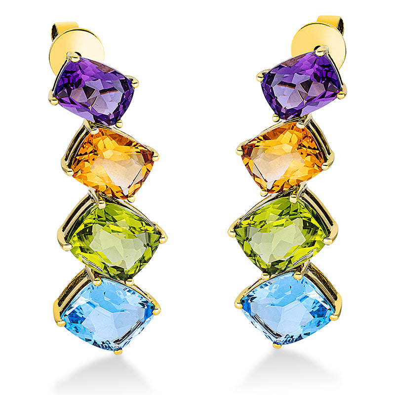 Ohrschmuck 18 kt GG, 2 Citrin 3,80 ct gelb, 2 Peridot 7,50 ct grün, 2 Topase 7,80 ct blau, 2 Amethyste 3,30 ct lila