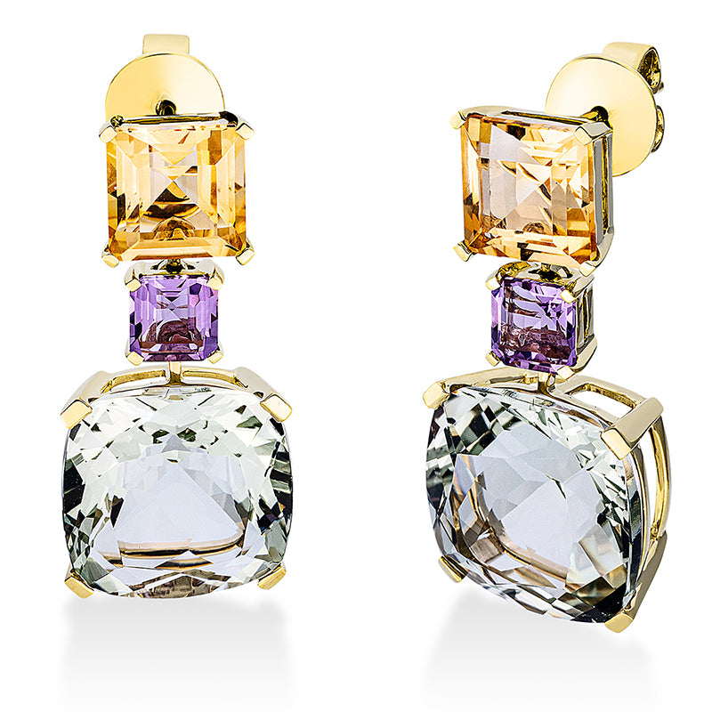 Ohrschmuck 18 kt GG, 2 Citrin 3,80 ct gelb, 2 Amethyste 14,80 ct grün, 2 Amethyste 1,10 ct pink