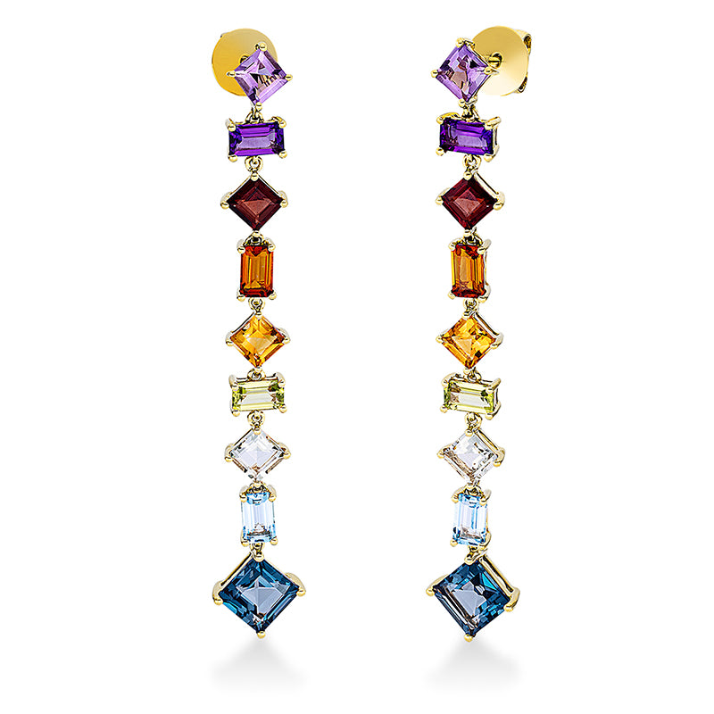 Ohrschmuck 18 kt GG, 8 Farbsteine 2,70 ct multicolor, 10 Farbsteine 6,40 ct multicolor