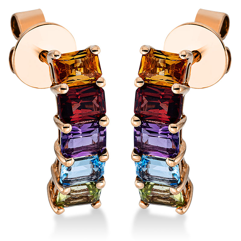 Ohrschmuck 18 kt RG, 2 Tsavorith 0,60 ct grün, 2 Amethyste 0,50 ct lila, 2 Topase 0,60 ct blau, 2 Peridot 0,60 ct grün, 2 Citrin 0,50 ct gelb