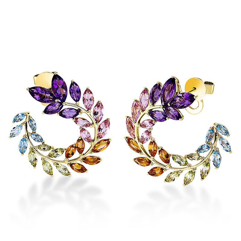 Ohrschmuck 18 kt GG, 10 Turmalin 2,00 ct pink, 10 Citrin 1,30 ct gelb, 10 Peridot 1,40 ct grün, 10 Topase 1,10 ct blau, 10 Amethyste 3,10 ct lila