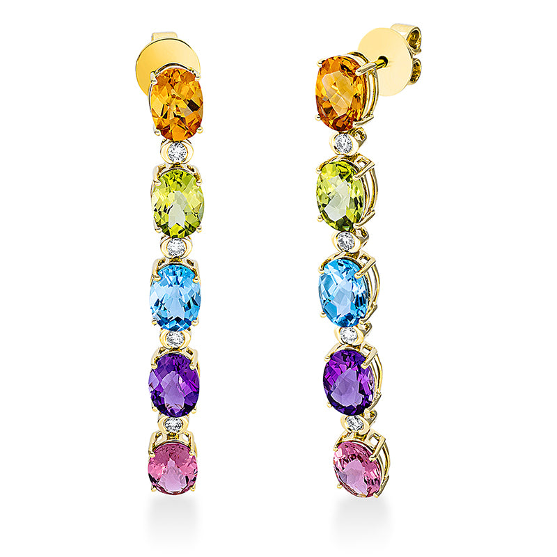 Ohrschmuck 18 kt GG, 8 Brill. 0,23 ct, TW-si, 10 Farbsteine 8,20 ct multicolor