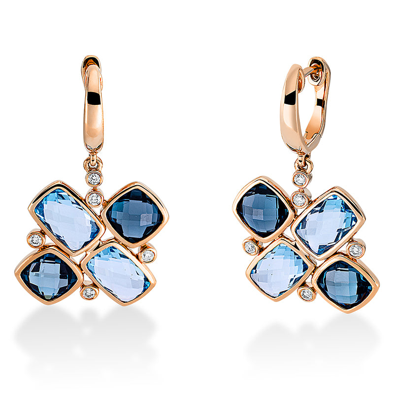 Ohrschmuck 18 kt RG, 10 Brill. 0,16 ct, TW-si, 4 Topase 5,60 ct blau, 4 Topase 4,60 ct Lond. blue