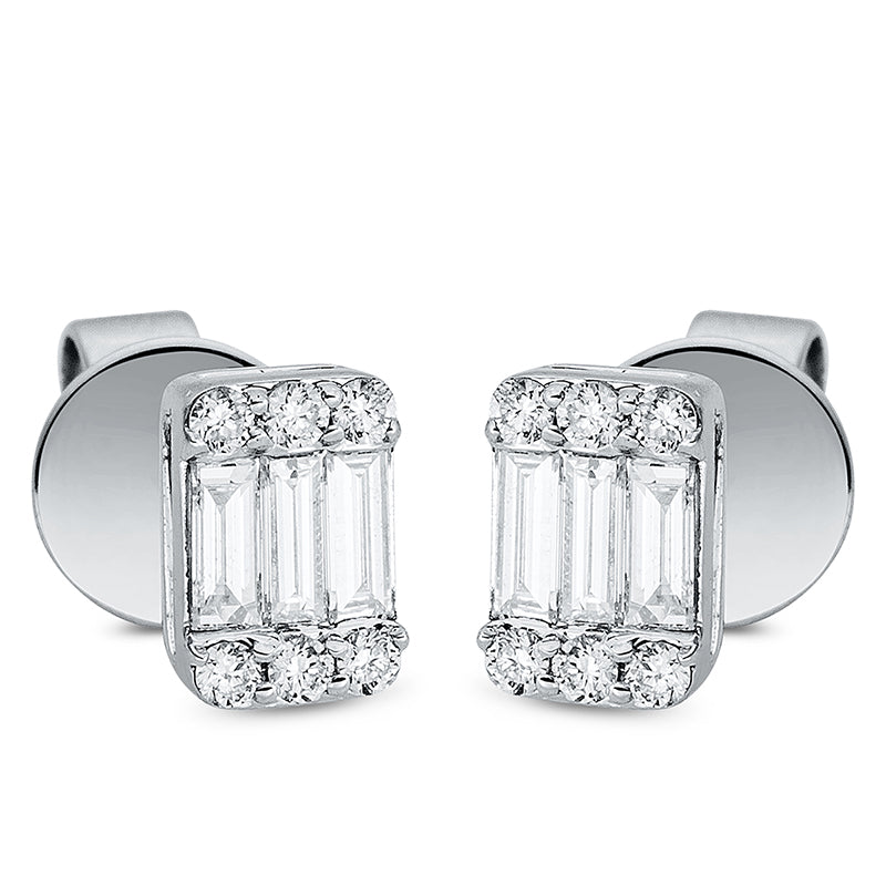 Ohrstecker 18 kt WG, 6 Bag. 0,19 ct, TW-vsi, 12 Brill. 0,09 ct, TW-si