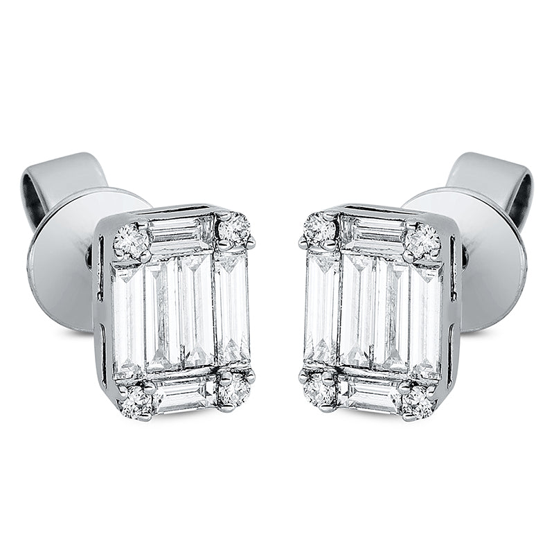 Ohrstecker 18 kt WG, 4 Bag. 0,11 ct, TW-vsi, 8 Bag. 0,43 ct, TW-vsi, 8 Brill. 0,06 ct, TW-si