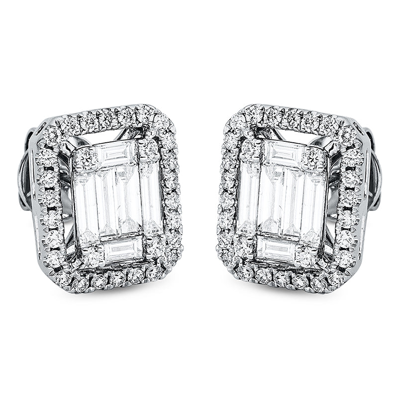 Ohrstecker 18 kt WG, 4 Bag. 0,20 ct, TW-vsi, 8 Bag. 0,65 ct, TW-vsi, 60 Brill. 0,49 ct, TW-si